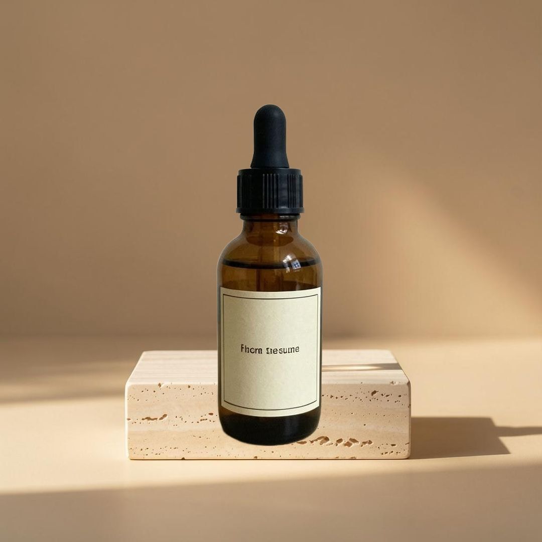 The same bottle on a travertine plinth in warm directional light