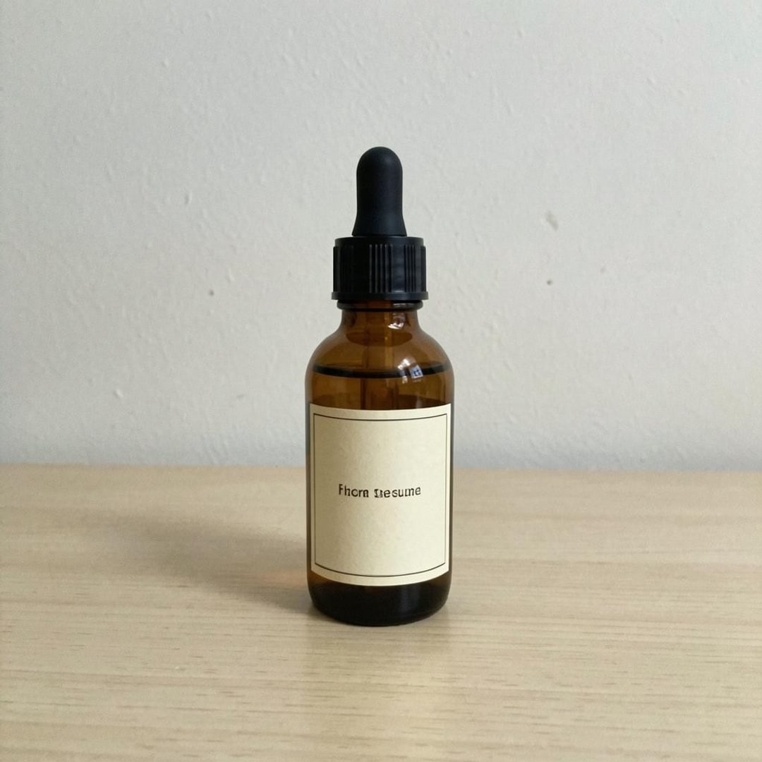 A serum bottle photographed on a phone on a kitchen table