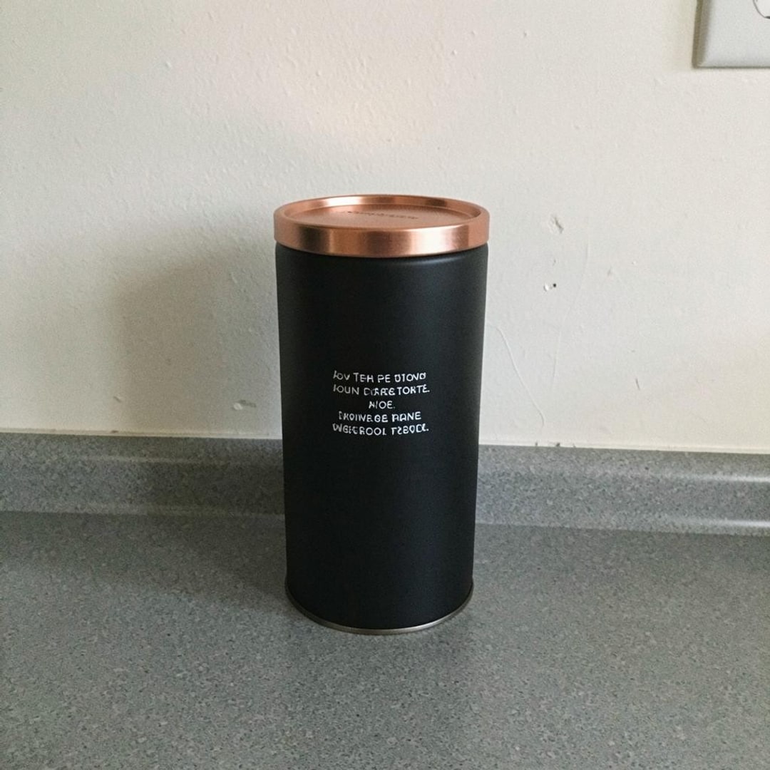 A coffee tin photographed on a phone on a kitchen counter
