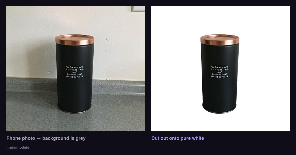 A phone photo of a coffee tin on a grey counter beside the same tin cut out onto a pure white background