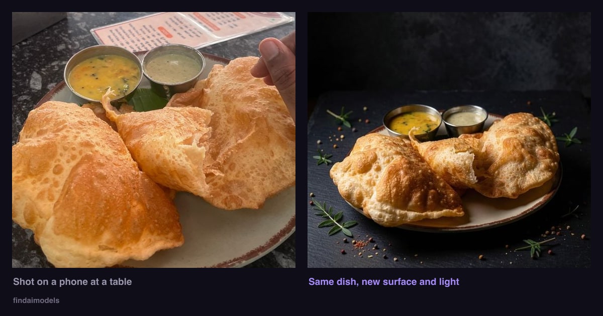 A plate of poori photographed on a phone at a cafe table beside the same dish restyled on dark slate